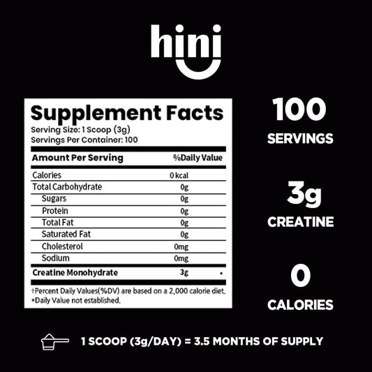 HINI Creatine Monohydrate Powder 300g 100 Servings - 100% Pure Micronized Creatine, Keto Friendly, Gluten-Free, Sugar Free, No Fillers, Pre Workout Supports Strength, Enhances Muscle Power (10.58 oz)